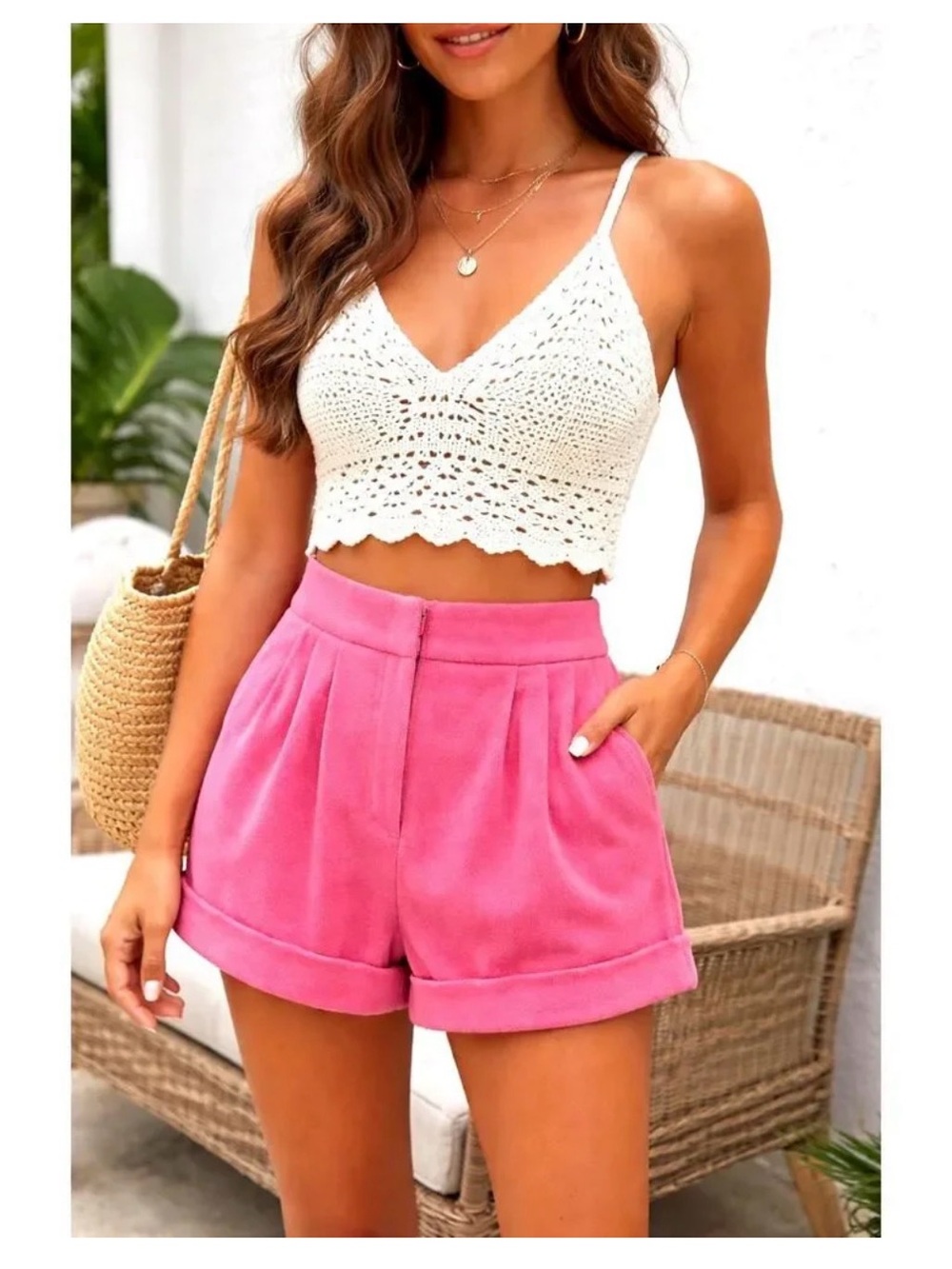My Beachy Side - Pink Terry Cloth High-Waist Pleated Shorts & bandeau top set